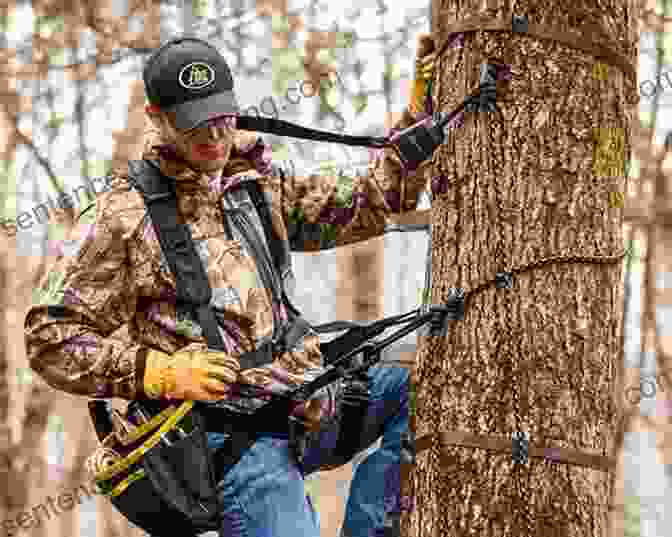 A Hunter Safely Ascending A Tree Stand, Using A Climbing Harness SQUIRREL HUNTING FOR BEGINNERS: The Complete Guide On How To Hunt Squirrels Including Tools Equipment Supplies Tips And Tricks Strategies And Tactics For Perfect Squirrel Hunting