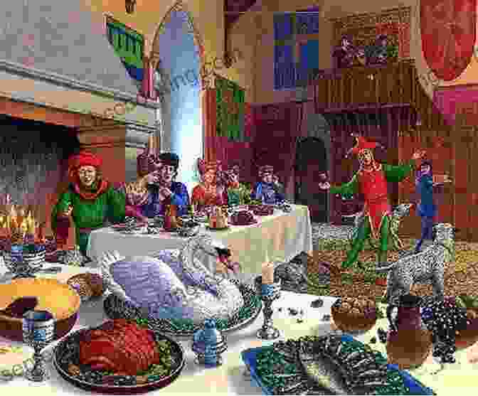 A Medieval Feast, With Guests Seated At Long Tables And Eating From Large Platters Of Food. Delizia : The Epic History Of The Italians And Their Food