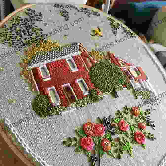 An Embroidered Portrait Of A House, Showcasing The Intricate Details Of The Windows, Doors, Roof, And Chimney. Hand Stitched House: A Guide To Designing Embroidering A Portrait Of Your Home